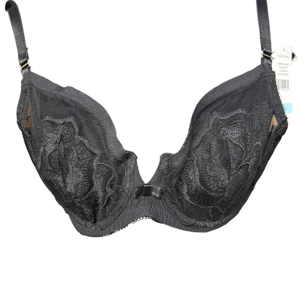 Natori Cherry Blossom Black Floral Lace Mesh Underwire Bra 728191 32C‎ NEW Sexy